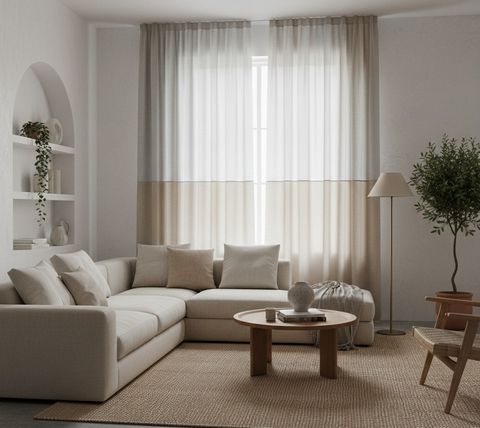 Двоколірні штори з горизонтальним поділом сірий і бежевий у вітальні | Welwet