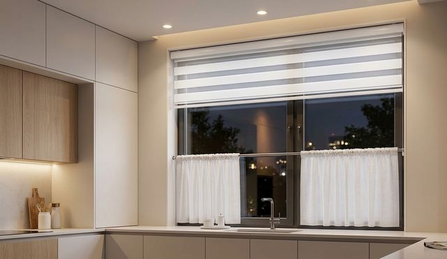 Штори кафе з рулонною шторою на кухні — комбінація тюлю знизу і ролету зверху | Welwet.net